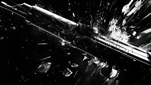Rifle barrel with impacting shattered glass in monochrome frame.