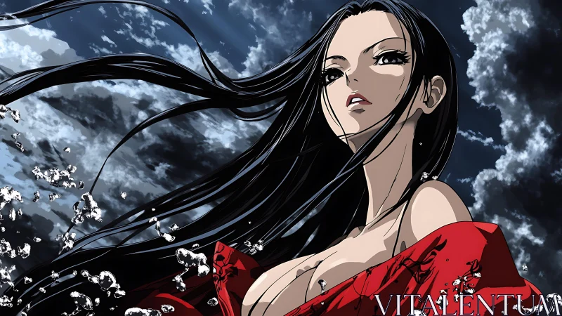 Storm-kissed anime siren rises beneath a restless sky.