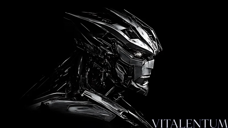 High-contrast chrome biomechanical android profile on black ground