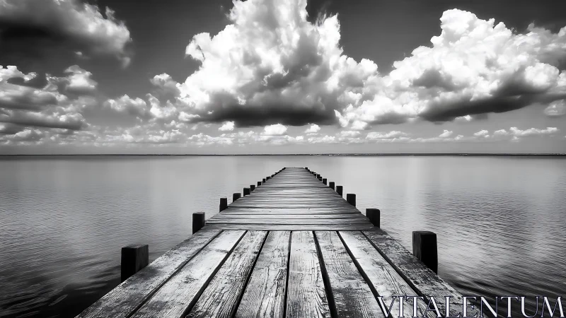 Quiet lakeside pier stretching into soft, dreamlike clouds.