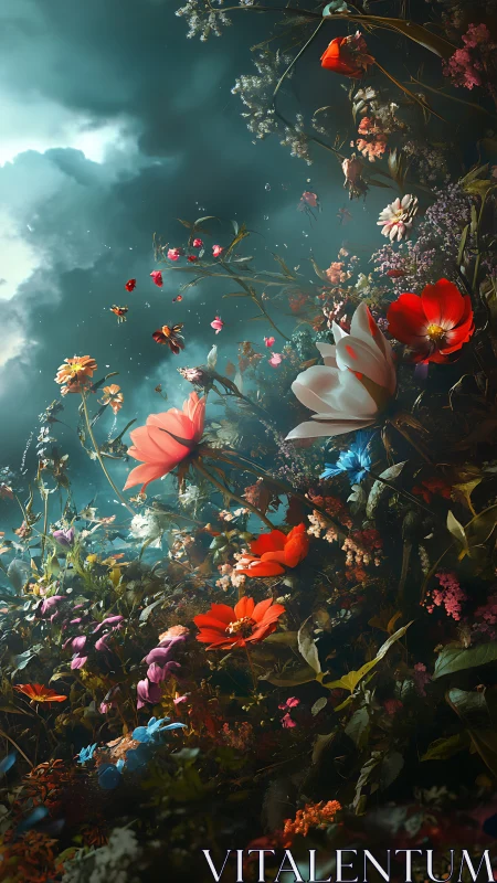 Baroque Floral Arrangement Against Turquoise Sky with Dramatic Lighting