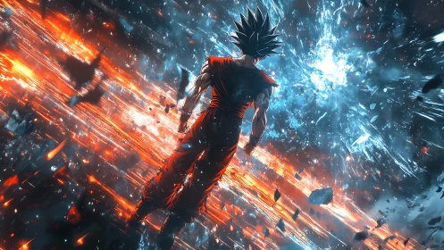 Backlit anime warrior advances through explosive energy rift