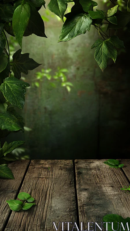 Weathered wooden surface with ivy foliage border outdoors.