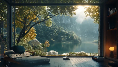 Glass-walled lakeside retreat cradle under misty emerald cliffs.