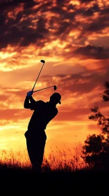 Golfer silhouette holding clubs against vivid sunset sky.