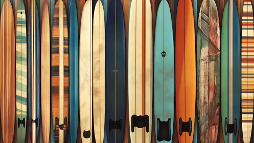 Vertical arrangement of colorful longboard surfboards in rows.