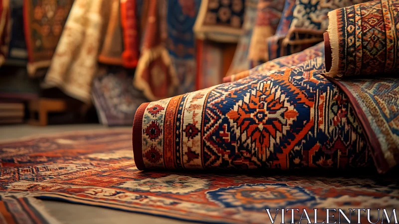 Rolled patterned rugs lie on a floor among hanging textiles