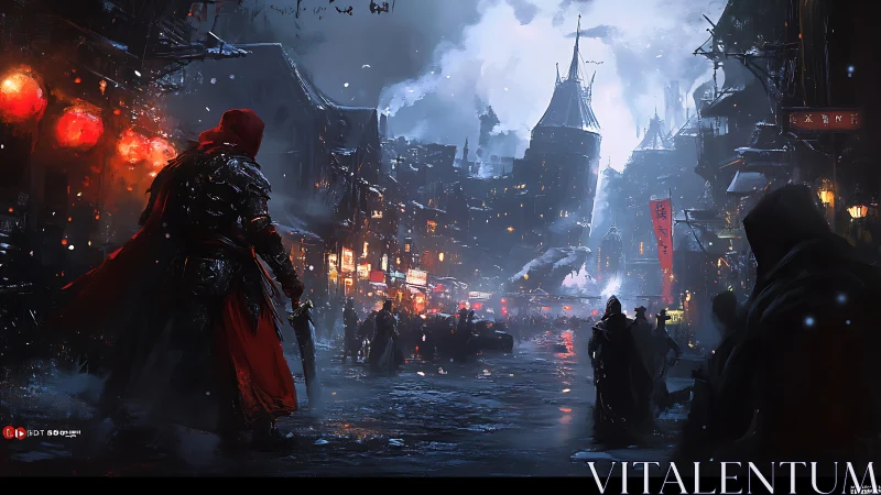 Armored wanderer enters snowlit medieval market street