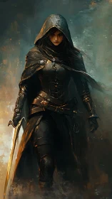 Hooded armored figure advances with sword in muted tones