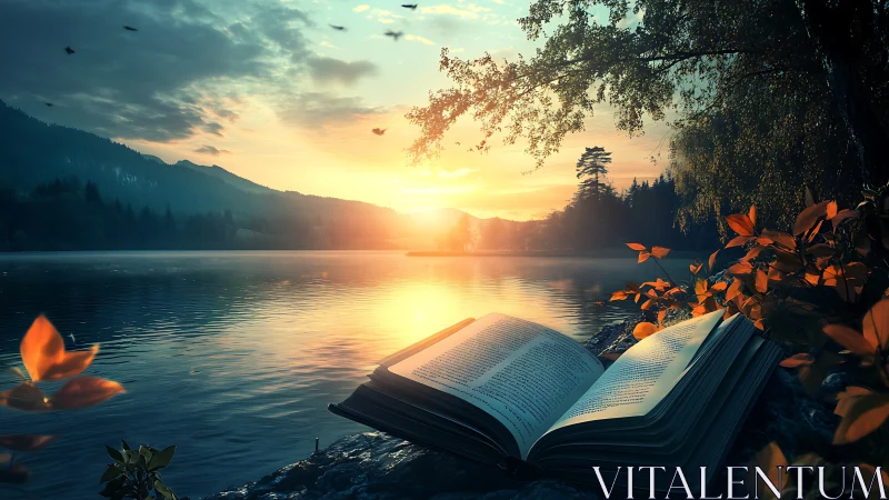 Open book rests beside calm lake under glowing sunset sky