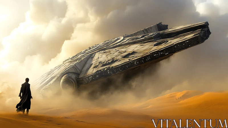 Cinematic digital painting of crashed starship in desert haze.