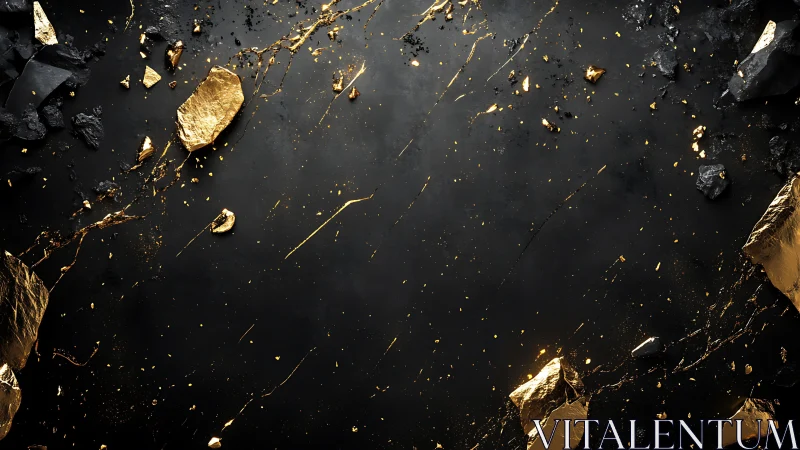 Fragmented obsidian and gold shards on matte black field.