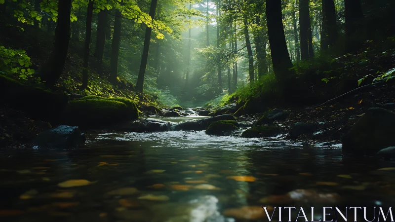 Forest Stream Illuminated by Soft Sunlight Through Ancient Trees