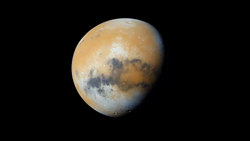 Rust-toned Mars sphere with crisp cratered detail in void.