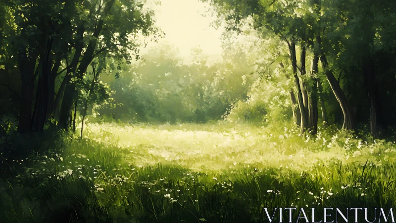 Sunlit Forest Clearing With Blooming Meadow