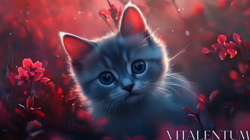 Blue Kitten Surrounded by Red Flowers in Soft-Focus Garden