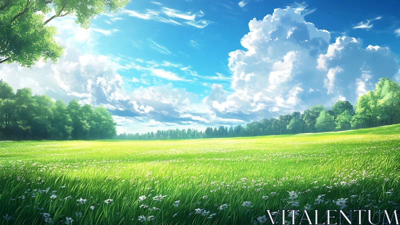 Sunlit grass field stretches under detailed cumulus clouds