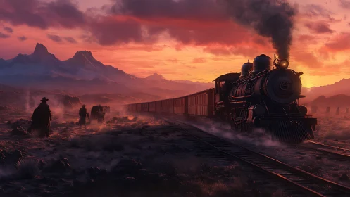 Steam locomotive approaches western camp at vivid sunset