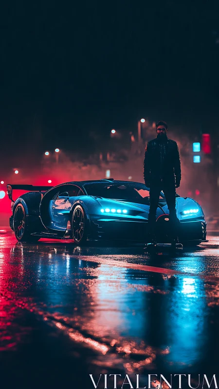 Neon blue hypercar and lone figure in cinematic night rain.