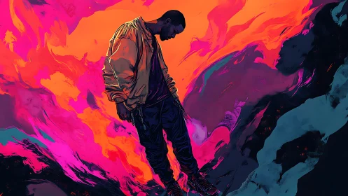 Solitary figure drifts over neon abstract stormscape