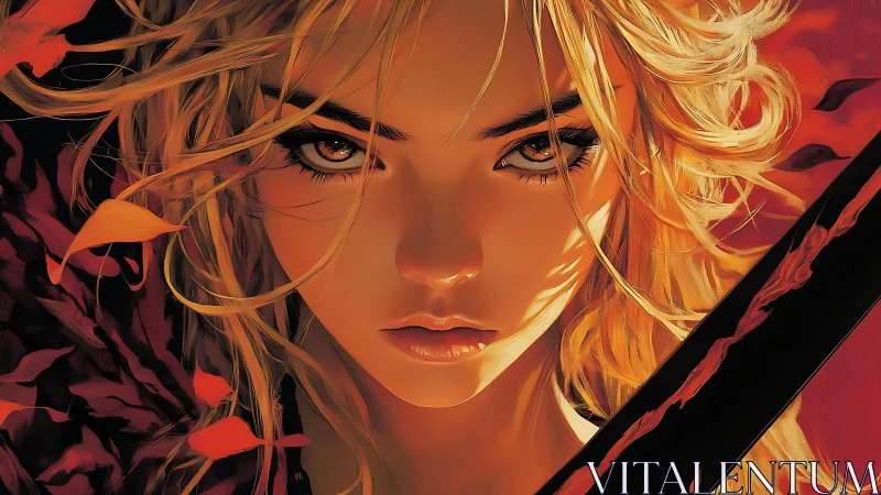 Fierce warrior girl gazes ahead with firelit determination