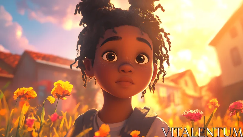 Sunlit stylized child portrait in suburban wildflower meadow