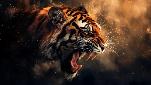 Roaring tiger emerges through glowing embers and swirling smoke.