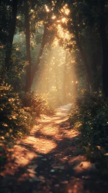 Golden Light Path Through Ancient Forest Canopy.