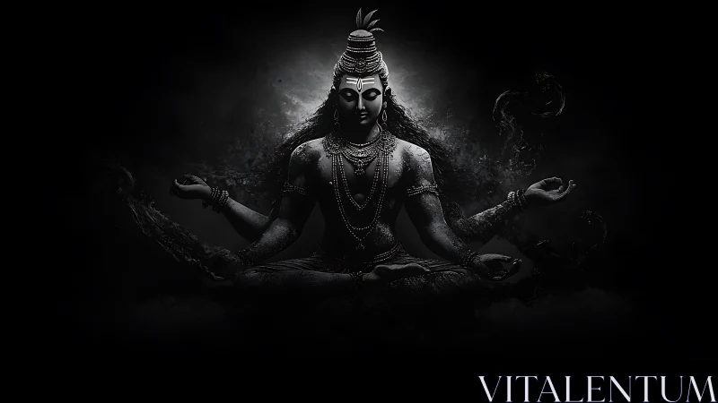 Monochrome meditative Shiva deity in high-contrast digital chiaroscuro.