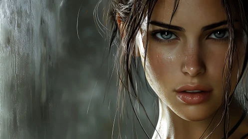 Storm-eyed survivor beneath silver rain, poised and unbroken.