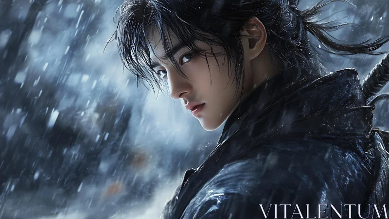 Young warrior in dark cloak stands in heavy winter rain