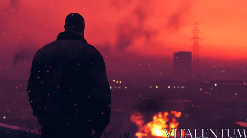 Lone figure watches burning city under a scarlet sky.