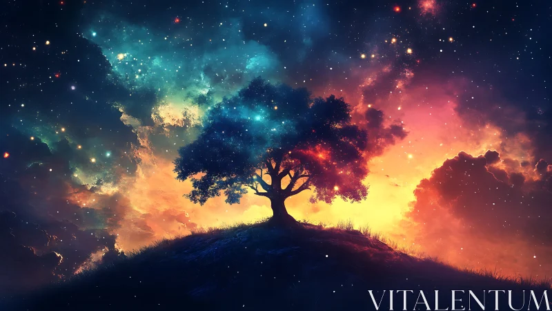 Cosmic dreaming tree silhouetted against nebula sky.