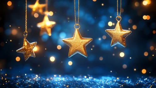 Golden star ornaments hang against soft blue bokeh lights