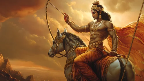 Mythic warrior prince on white horse under stormlit sky