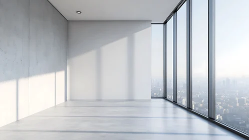 Minimalist corner office interior with panoramic glazing.