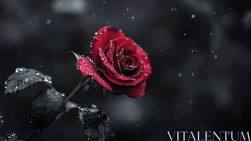Deep Crimson Rose with Rain Droplets Against Dark Background