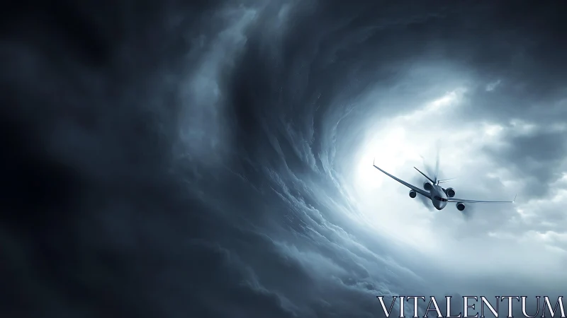 Jetliner dives toward a stormlit vortex in churning clouds.