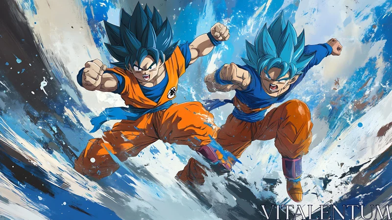 Twin blue‑haired warriors crash through a cosmic tide.