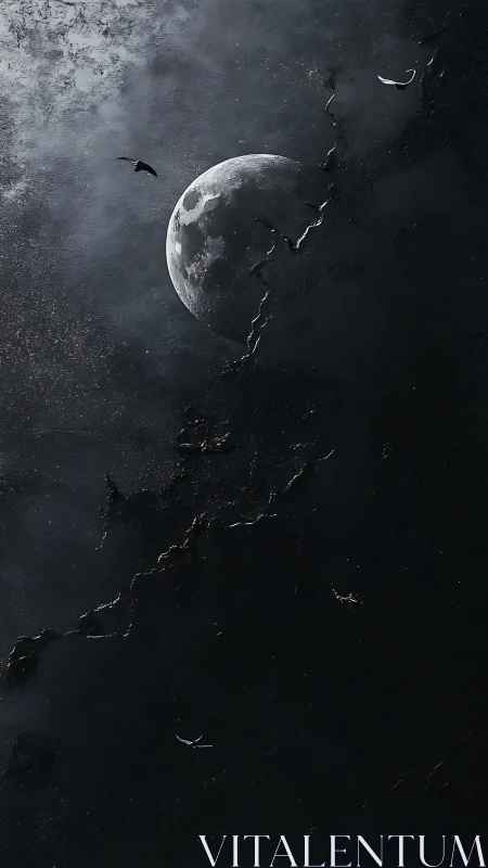 Crumbling lunar surface in dark cosmic night sky scene.