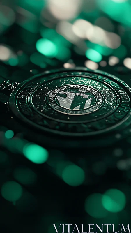 Glimmering teal coin resting in a dreamy digital glow.