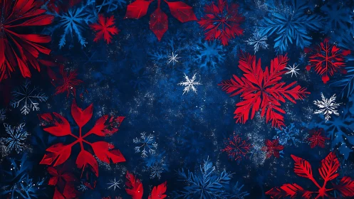 Digital painting of red and blue snowflake field on deep blue ground.