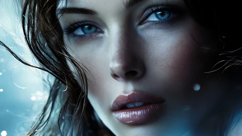Hyperreal close-up portrait shows intense blue-eyed gaze