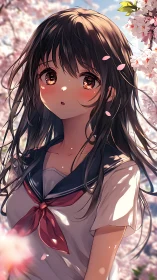 Schoolgirl stands among cherry blossoms under soft daylight