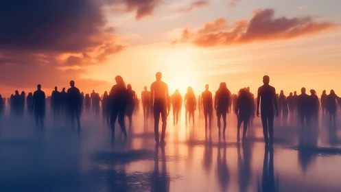 Silhouetted crowd walking toward vivid orange sunset horizon.