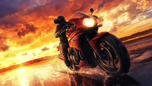 Motorcycle on wet road under vivid orange sunset sky.