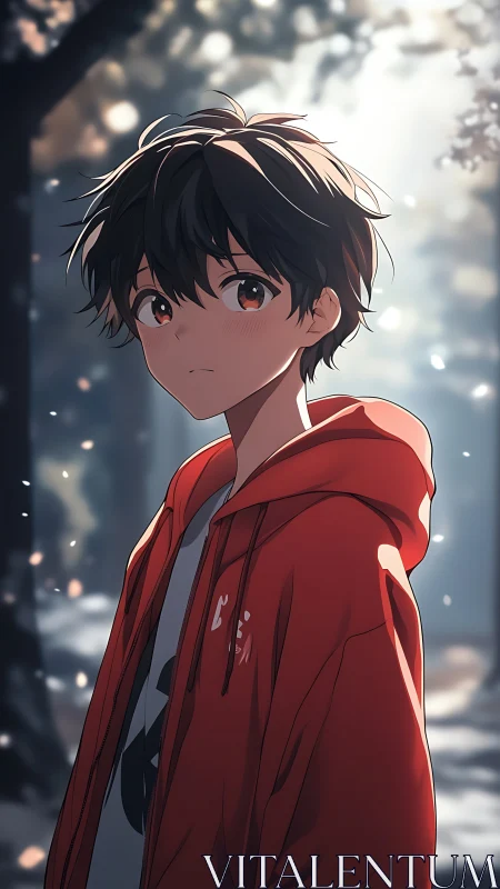 Soft forest light with a quiet boy in a red hoodie.