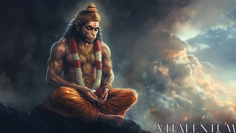 Digital painting of meditative Hanuman on stormlit precipice.