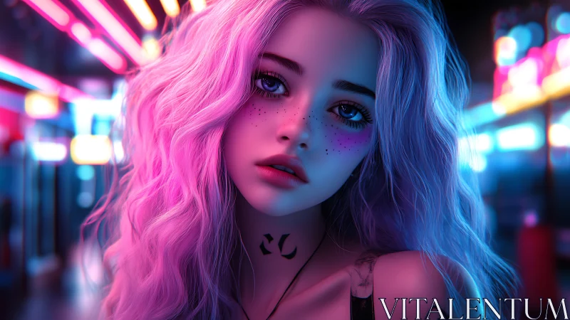 Neon lit portrait of pink haired woman in urban night scene.