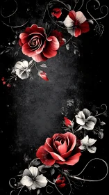 Red and White Roses on Black Texture Background.